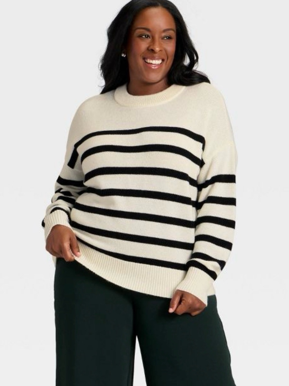 Women Woolen Crew Pullover
Sweater A New Day Cream and Black Stripe Size Medium